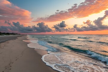 Serene Sunset Beach Scene with Gentle Waves and Vibrant Sky
