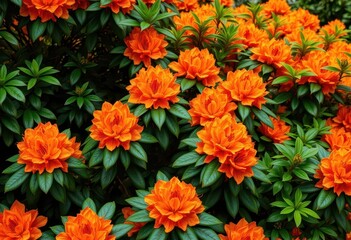Vibrant orange and yellow rhododendron blossoms, lush green foliage, yellow, botanical