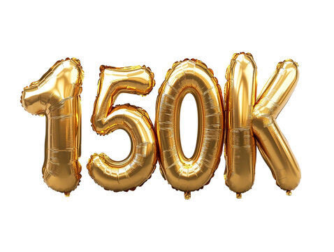150k gold balloons on white background.
