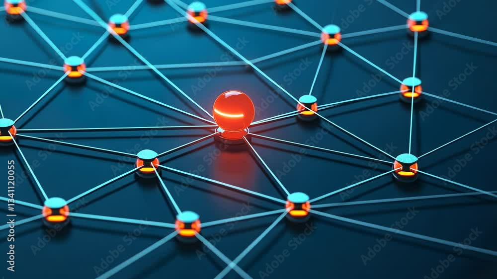 Poster cybersecurity data breach concept, digital network with glowing connections and nodes.