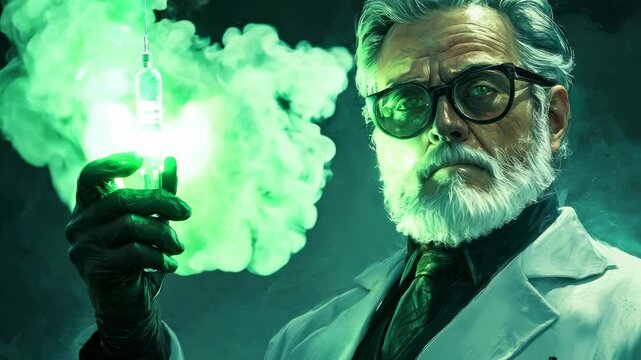A mad scientist boss NPC concept in a lab coat, holding a syringe filled with glowing green serum. A cartoon character.