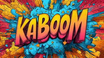 Vibrant comic book-style KABOOM graphic bursts with energetic lines and cloud-like shapes in shades of blue orange and yellow.