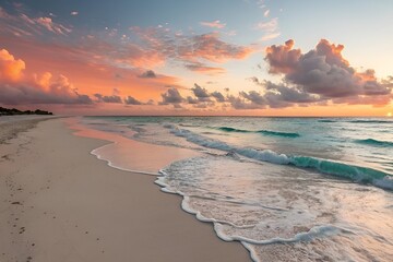 Serene Sunset Beach Scene with Gentle Waves and Vibrant Sky