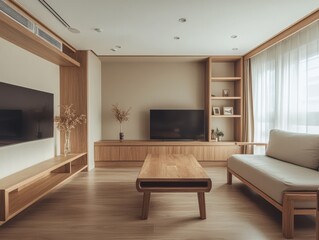 Fototapeta premium A modern living room with minimalist wooden furniture and natural light