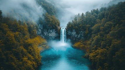 Fototapeta premium Majestic waterfall cascading into a serene turquoise lake surrounded by lush, mist-covered mountains in a peaceful wilderness setting