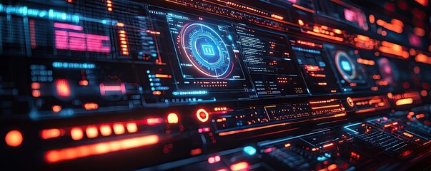 Obraz premium Cybersecurity technology in computing and database concept. Futuristic digital interface with glowing controls and data.