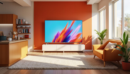 Modern living room with vibrant TV setup and cozy decor  