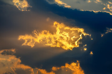 Dramatic sky with dark clouds illuminated by golden sunlight breaking through. The moody atmosphere...