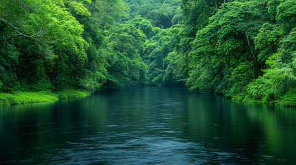 Calm river surrounded by dense tropical forest. Natural harmony and greenery.