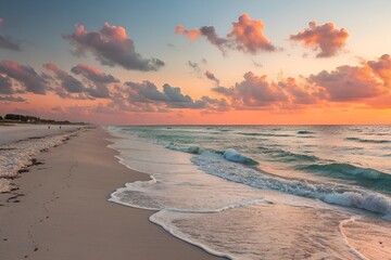 Serene Sunset Beach Scene with Gentle Waves and Vibrant Sky