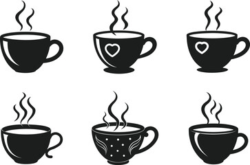 Set of Steaming Coffee Cup Silhouettes – Stylish Black Vector Icons