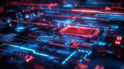 Fototapeta premium Cybersecurity technology transfer in database computing concept. Close-up view of a futuristic computer circuit board design.