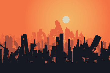 ruined city against sunset