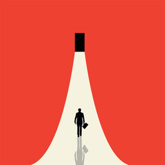 Businessman walking towards the door. People walking towards the goal. Concept of success, goal, motivation, personal growth, problem solving, hard work, big ambitions, opportunities, hope. Vector.
