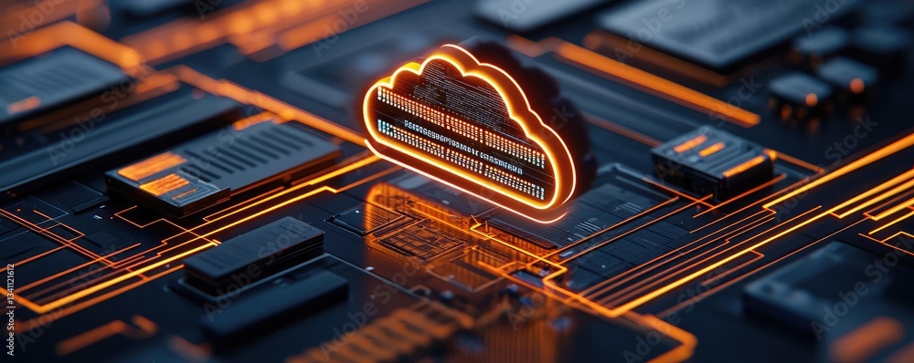 Poster cloud technology for secure data transfer and storage concept. futuristic cloud symbol on circuit bo