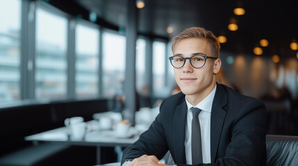 Fototapeta premium Young businessman in glasses sitting in a café, looking at the camera. Stylish and confident professional.