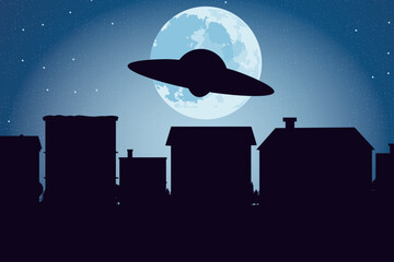 UFO against the backdrop of the moon and the city. Vector graphics.
