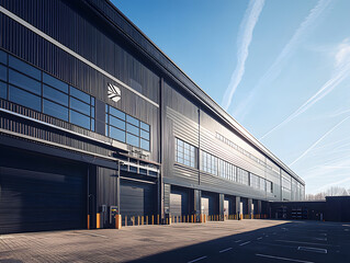Modern industrial building featuring black corrugated metal siding large windows and multiple loading docks under a blue sky.