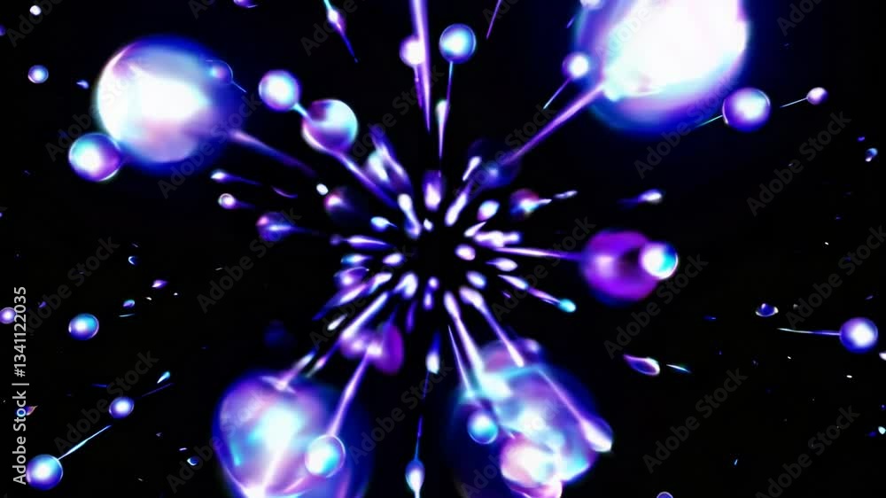 Poster glowing spheres forming a complex structure on a black background. abstract motion graphics concept.