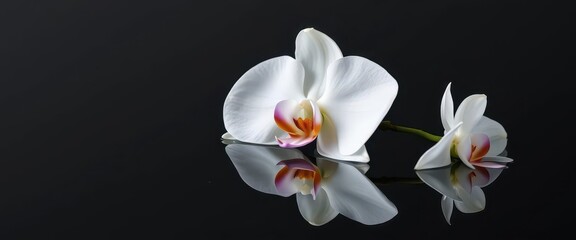 Obraz premium Elegant white orchid blossom floats on black, mirrored in still water, black, detail