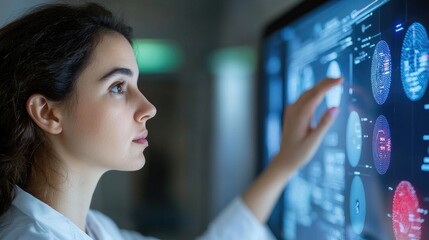 Young Woman Analyzing Digital Data on a Large Touchscreen Monitor