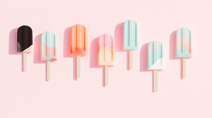 A set of assorted popsicles on a stick with melting effect, soft pastel colors isolated on pink background, food styling abstract composition