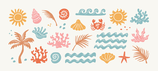 Hand drawn Summer vintage sticker set. Boho palm tree, sun and sea, seashells, coral, crab in naive groovy style. Tropical surf club concept, vacation and travel. Vector collage elements for print. © Anna Bova
