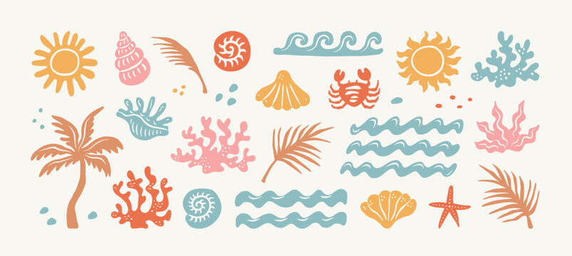 Hand drawn Summer vintage sticker set. Boho palm tree, sun and sea, seashells, coral, crab in naive groovy style. Tropical surf club concept, vacation and travel. Vector collage elements for print.