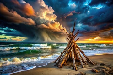 Fototapeta premium Dramatic sky, long exposure; driftwood tipi silhouetted against the ocean's moody expanse.