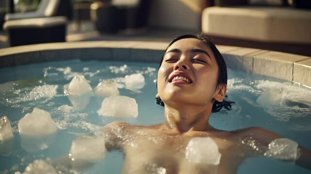 Smiling Asian woman relaxing in an ice bath with floating ice cubes at an outdoor spa. Concept of cold therapy, rejuvenation, and wellness.