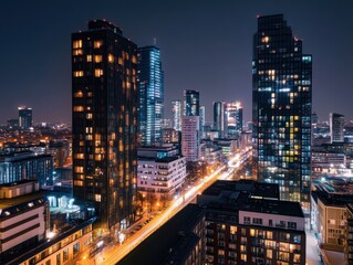 Fototapeta premium A city at night with tall buildings and a street with cars. The street lights are on and the cars are moving