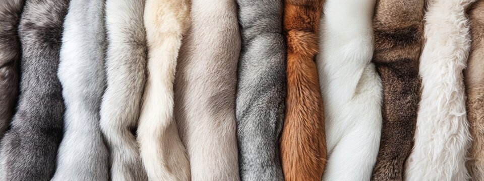 Soft natural patterns in fur coats showcasing a range of neutral tones like white, grey, and brown at a textiles exhibit