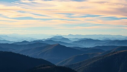 Obraz premium Misty blue mountains, rolling hills under a vibrant sky, sky, wilderness