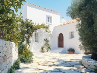 Naklejka premium A white house with a white roof and a white door. The house is surrounded by a stone wall