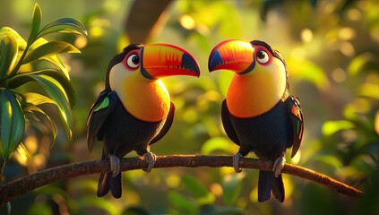 Two toucans perched on a branch in a lush, tropical setting