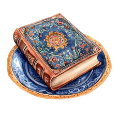 Watercolor Haft sin Holy Book or Divan of Hafez white plate. Traditional Persian New Year Garlic, isolated on a white background. Nowruz vector design set	