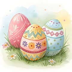 Decorative Easter eggs with elaborate patterns and decorations in the grass.
