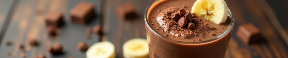 Rich chocolate smoothie, banana slices, chocolate chunks, banana, recipe