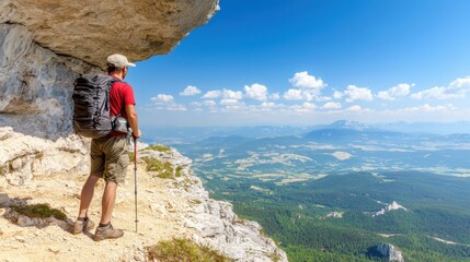 Fototapeta premium A hiker stands on a rocky ledge, gazing at a vast landscape of forests and mountains under a clear blue sky.