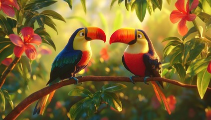 Two toucans perched on a branch in a vibrant tropical garden