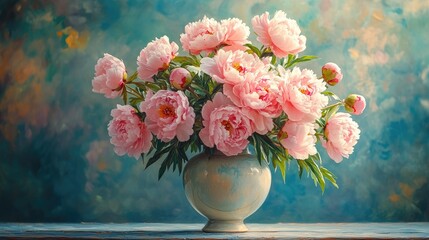 Delicate bouquet of pink peonies elegantly arranged in a beautiful vase against a dreamy, softly blended background