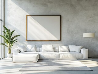 A white couch with a white rug in front of it. A large white framed picture hangs on the wall. A plant is on the left side of the couch