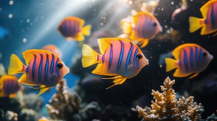 Breathtaking underwater scene featuring vibrant coral reef and schools of colorful tropical fish swimming gracefully in sunlight