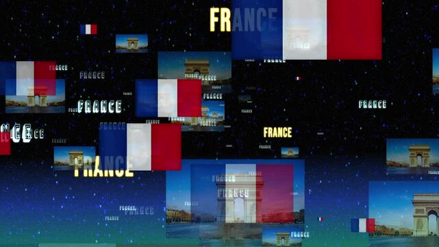 Animation de particules du drapeau fran&ccedil;ais (tricolore) et de l'Arc de Triomphe &agrave; Paris. Symboles et cocardes fran&ccedil;ais.