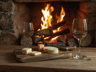 A crackling fire warms a rustic cheese board and wine glasses, rustic, drink