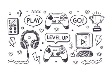 Retro Video Game Doodle Collection: Hand Drawn Console, Joystick, Controller, and Arcade Elements Vector Clipart Illustration