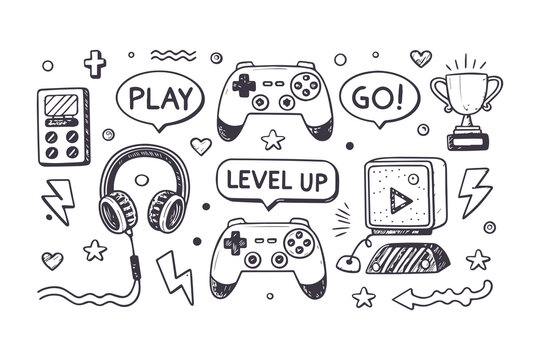 Retro Video Game Doodle Collection: Hand Drawn Console, Joystick, Controller, and Arcade Elements Vector Clipart Illustration