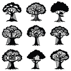 House with a tree, Silhouette vector of a treehouse