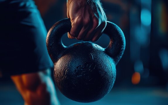 Close-up of a man's hand gripping a kettlebell during a workout session.