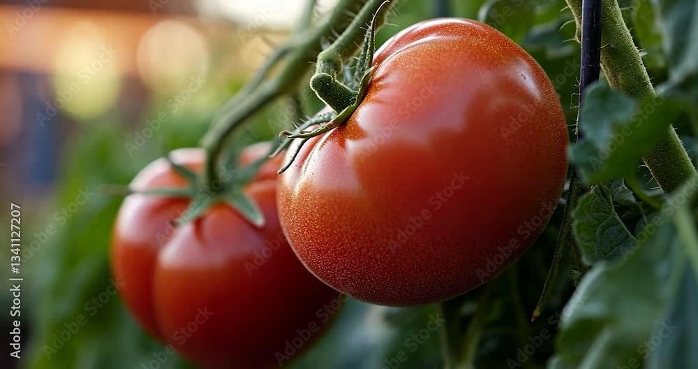 Poster close-up of red ripe tomatoes on vine with green leaves. selective focus on fresh fruits in a garden